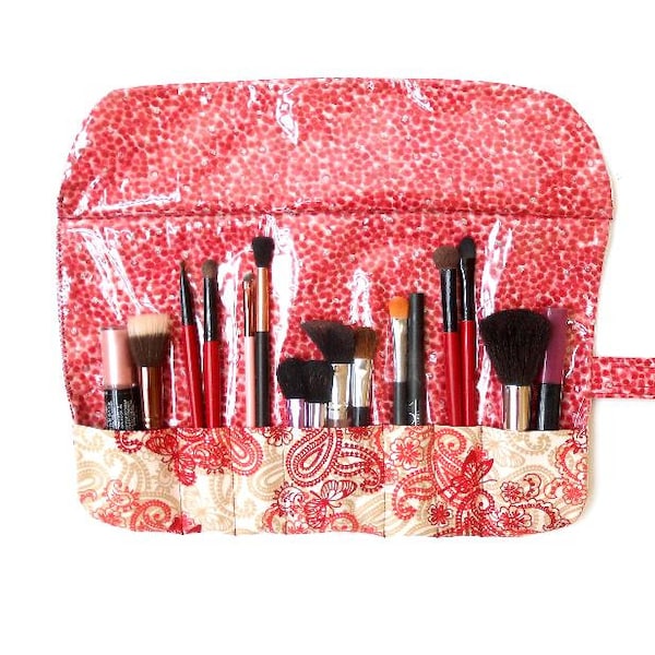 Paisley Travel Makeup Brush Case With 7 Pockets, Wipe Clean Clear Vinyl Overlay, Roll Up Holder For Cosmetic Brushes