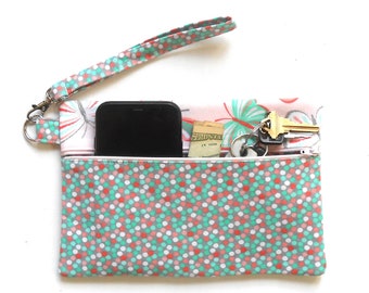 Butterfly Print Wristlet in Turquoise and Pink With Polka Dots, Clutch With Front Zipper, Purse With Removable Strap