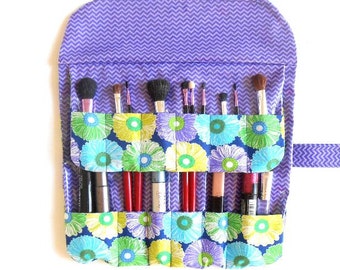 Two Row Cosmetic Makeup Brush Holder With 12 Pockets in Green and Purple Floral Print, Wipe Clean, Scratch and Dent Sale