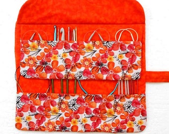 Orange Floral Circular Knitting Needle and Crochet Hook Holder With 2 Rows and 8 Pockets,  DPN Double Pointed Needle Case