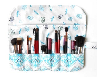 Blue Dragonfly Print Makeup Brush Holder, Easy Wipe Clean With 7 Pockets, Travel Cosmetic Brush Storage