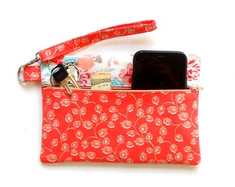 Floral Wristlet in Peach and Turquoise, Front Zippered Wallet with Detachable Strap, Small Purse or Clutch Perfect for Travel