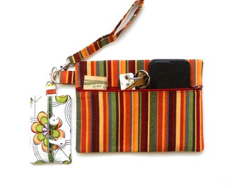 Wristlet in Maroon, Green, Orange and Gold Stripes Plus Ear Bud Case, Small Clutch, Phone Holder With Removable Strap, Small Coin Purse