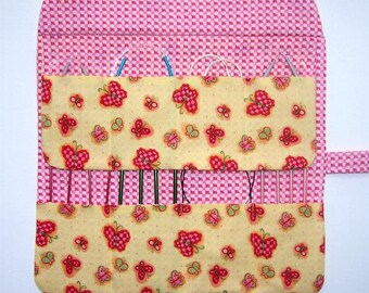 Holder For Circular Knitting Needles in Pink and Yellow Butterfly Print, 2 Rows and 8 Pockets, Double Pointed Needle and Crochet Hook Roll