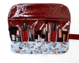 No Mess Wipe Clean Makeup Brush Holder in Blue Bird Print Fabric,  Travel Cosmetic Brush Roll Up With 7 Pockets and Clear Vinyl Overlay