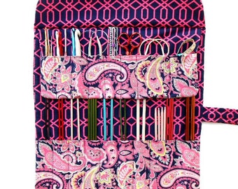 Roll Up Knitting Needle Holder in Pink Paisley Print, 2 Rows and 17 Pockets, Padded Double Pointed Needle DPN Case