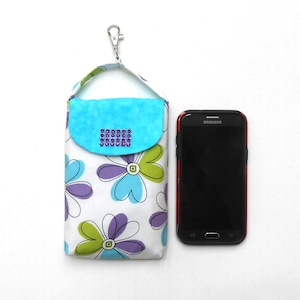 Mod Floral Print Cell Phone Holder, Small Travel Purse With Lobster Clasp That Hooks to Purse or Belt Loop, Hands Free Phone Carrying Pouch