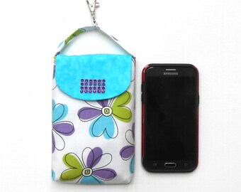 Mod Blue Floral Cell Phone Holder, Small Travel Purse, Lobster Clasp Hooks to Purse or Belt Loop, Phone Carrying Case