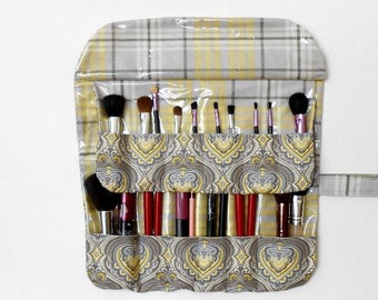 Wipe Clean Cosmetic Brush Carrier With 2 Rows and 12 Pockets and Clear Vinyl Overlay, Yellow Makeup Brush Holder, Gift For Her