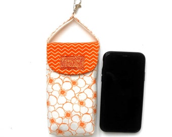 Orange Floral Cell Phone Holder With Lobster Clasp to Hook on Belt Loop or Purse, Travel Phone Carrier, Handmade Gift