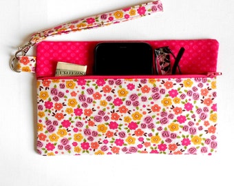 Front Zip Wristlet in Ditsy Pink Floral Print, Womans Small Clutch With Detachable Strap, Phone Holder, Handmade Gift