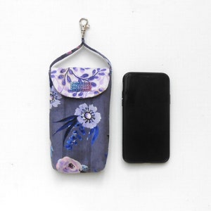 Phone Pouch, Purple and Blue Floral Print, Cell Phone Holder With Strap and Lobster Clasp to Hook on Belt Loop or Purse, Hands Free Carrying