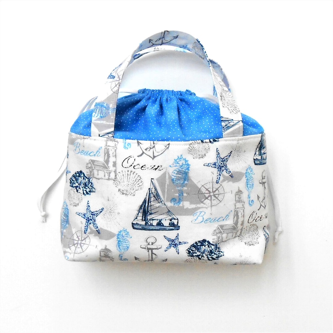 Handmade Drawstring Tote Bag in Blue and White Sailboat Print, Travel ...