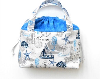 Drawstring Tote Bag in Blue and White Sailboat Print, Ocean Theme WIP Pouch With Straps and Inner Pockets, Knitting Crochet Yarn Bag