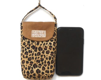 Brown and Black Animal Print Phone Holder, Carrying Strap, Swivel Clasp to Hook on Belt or Purse, Cell Phone Pouch, Small Purse