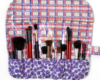 Simple Clean 7 Pocket Makeup Brush Holder With Clear Vinyl Overlay in Purple Floral Print, Wipe Clean Travel Cosmetic Brush Roll Up