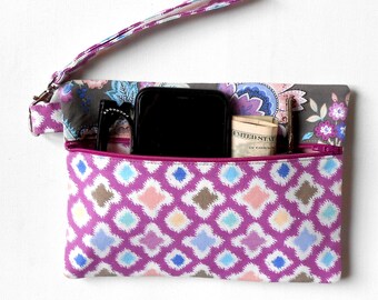 Wristlet Phone Holder, Pink Front Zippered Floral Clutch, Taupe, Blue, Magenta, Turquoise Wallet, Small Purse With Detachable Strap