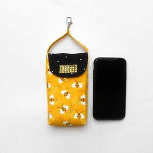 Yellow Bee Print Phone Holder, Cell Phone Pouch, Removable Strap With Lobster Clasp and Swivel Hook to Hook on Belt Loop or Purse,