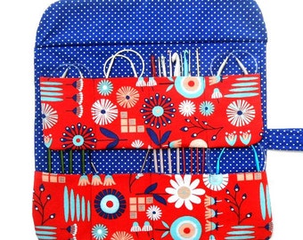 Circular Knitting Needle Holder in Red Blue Floral Print, Double Pointed Knitting Needle Case, 2 Rows 8 Pockets, Crochet Hook Roll Up