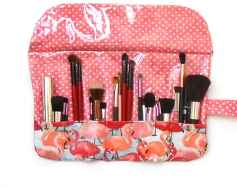 Wipe Clean Pink Flamingo Print Cosmetic Brush Holder With 7 Pockets, Travel Makeup Brush Case With Clear Vinyl Overlay