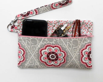 Pink and Grey Floral Wristlet, Maroon Front Zippered Clutch With Removable Strap, Cell Phone Holder