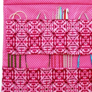 Storage Holder For Circular Knitting Needles With 2 Rows and 8 Pockets, Pink Double Pointed Needle and Crochet Hook Roll, Gift for Knitters image 2