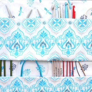 Circular Knitting Needle Holder in Blue Dragonfly Print, 2 Rows and 8 Pockets, Storage For DPN Double Pointed Needles and Crochet Hooks image 2