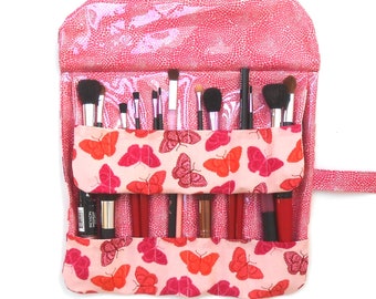 2 Row Make Up Brush Holder With Clear Vinyl Overlay For Easy Clean Up, Pink Butterfly Print, 12 Pockets, Travel Cosmetic Brush Storage Roll