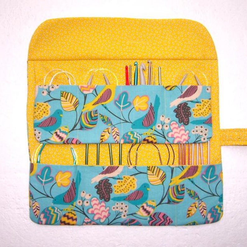 Crochet Hook Roll DPN Double Pointed Needle Holder Circular Knitting Needle Case in Yellow and Blue Bird Print