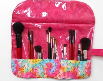 Pink Makeup Brush Holder With Easy Wipe Clean Clear Vinyl Overlay,  7 Pockets, Cosmetic Brush Storage, 2 Sizes, Gift For Her