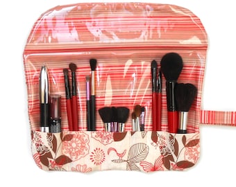 Makeup Brush Roll Up With Easy Wipe Clean Clear Vinyl Overlay in Peach Print, 7 Pockets, Gift For Woman, Travel Cosmetic Brush Holder