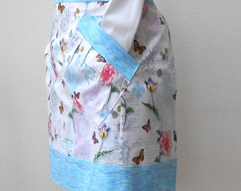 French Themed Half Apron, Fits Womens Size Small - Large, Feminine Lavender, Pink and White With Blue and Silver Contrast, 2 Pockets, Ties