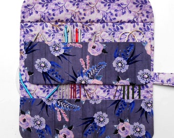 Holder for Circular Knitting Needles in Purple Floral Print With 2 Rows and 8 Pockets, Sock Needle and Crochet Hook Storage Roll Up