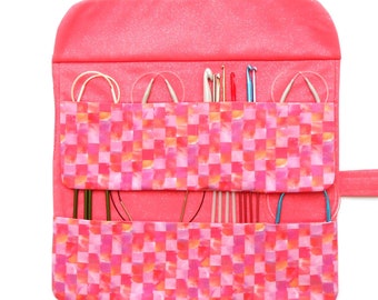 Pink Circular Knitting Needle Holder, Padded With 2 Rows and 8 Pockets, Sock Needle Roll Up, Crochet Hook Storage