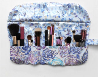 Easy Clean Blue Floral Makeup Brush Holder, 7 Pockets with Clear Vinyl Overlay, Cosmetic Brush Storage, Female Birthday Gift