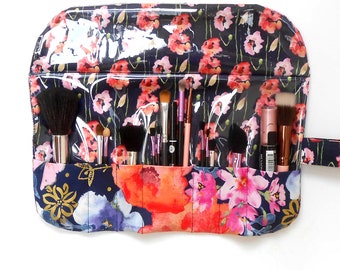 Floral Easy Clean Makeup Brush Holder With 7 Pockets and Clear Vinyl, Blue and Pink Wipe Clean Travel Cosmetic Brush Case