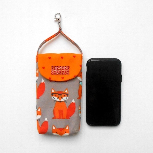 Cell Phone Holder in Orange and Grey Fox Print, Smart Phone Fabric Case With Lobster Clasp to Hook on Belt Loop or Purse