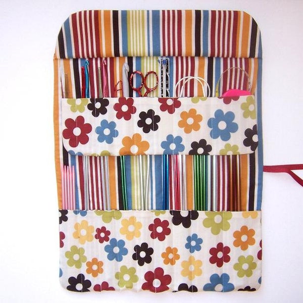 Blue Yellow Knitting Needle Holder Flowers With Striped Contrast Crochet Hook Case Storage Organizer