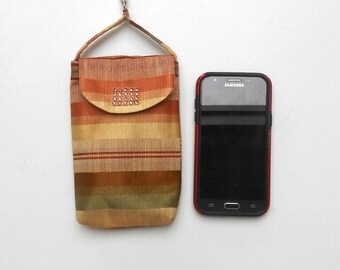 Copper Striped Fabric Phone Holder, Small Pouch, Phone Carrying Bag With Swivel Clasp to Hook on Belt Loop or Purse