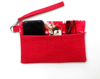 Front Zippered Wristlet in Pink With White Floral Contrast, Detachable Strap, Small Travel Purse or Clutch Wallet