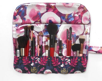 Super Easy Clean Fabric Makeup Brush Holder With Clear Vinyl Overlay, Wipe Clean Travel Cosmetic Brush Roll Up in Purple Floral Print