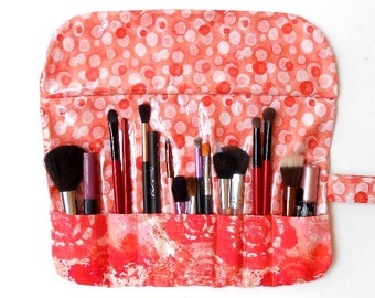 Travel Makeup Brush Holder in Orange Floral Print With Wipe Clean Clear Vinyl Overlay, 7 Pockets, Cosmetic Brush Storage