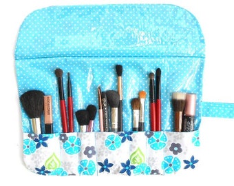 Blue Floral Cosmetic Brush Holder With Wipe Clean Clear Vinyl Overlay, 7 Pockets, Travel Makeup Brush Storage Roll Up