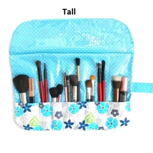 Holder For Cosmetic Brushes in Blue Floral With Wipe Clean Clear Vinyl Overlay, 7 Pockets OR 12, Travel Makeup Brush Roll Up, 1 Row OR 2