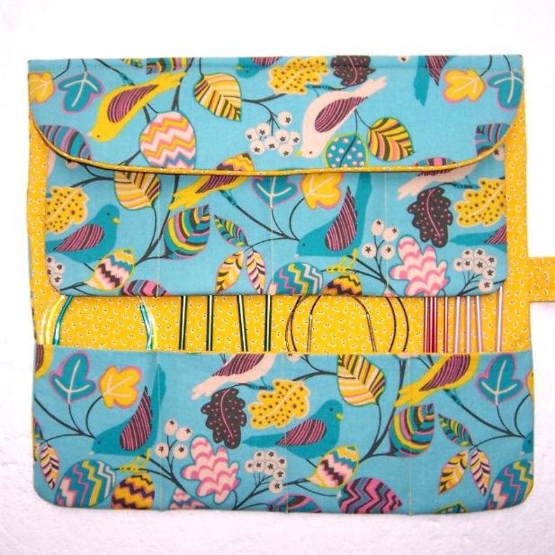 Crochet Hook Roll DPN Double Pointed Needle Holder Circular Knitting Needle Case in Yellow and Blue Bird Print