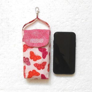 Phone Pouch in Pink Butterfly Print With Lobster Clasp to Hook on Belt Loop or Purse, Phone Holder With Contrast Pink Dot Flap With Bling