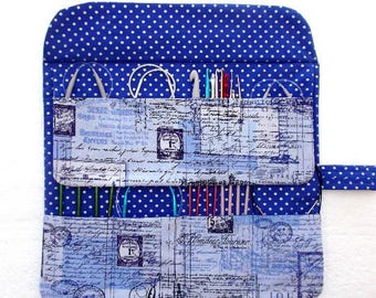 Paris Print Circular Knitting Needle Roll Up With 2 Rows and 8 Pockets, Blue and Silver Sock Needle Holder, DPN Double Pointed Needle Case