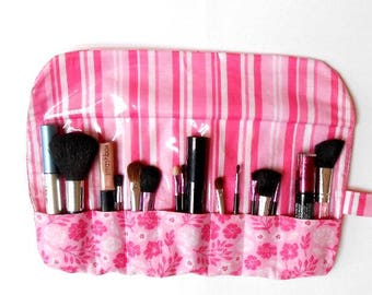 Easy Clean Pink Makeup Brush Holder, Floraland Stripes, Wipe Clean Clear Vinyl Overlay, Travel Cosmetic Brush Roll Up With 7 Pockets