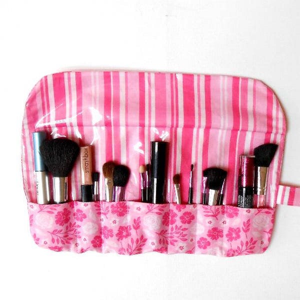 Pink Makeup Brush Holder With Easy Wipe Clean Clear Vinyl Overlay, Floral and Stripes, Travel Cosmetic Brush Roll Up With 7 Pockets