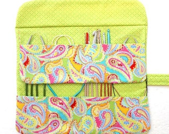 Lime Green Paisley Circular Knitting Needle Holder, 2 Rows and 8 Pockets, Storage For Crochet Hooks, DPN Double Pointed Needle Roll Up